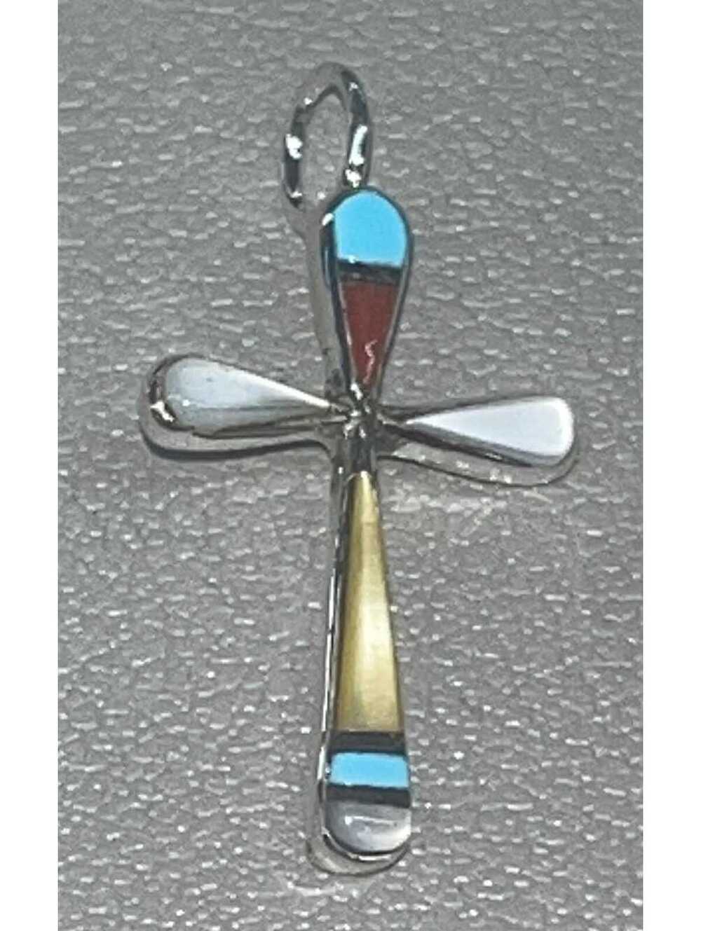 Native American Zuni sterling silver turquoise multi stone cross pendant charm